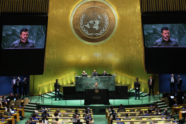 Президент України Володимир Зеленський виступає під час Генеральної Асамблеї ООН у штаб-квартирі ООН 19 вересня 2023 року в Нью-Йорку. /Getty Images