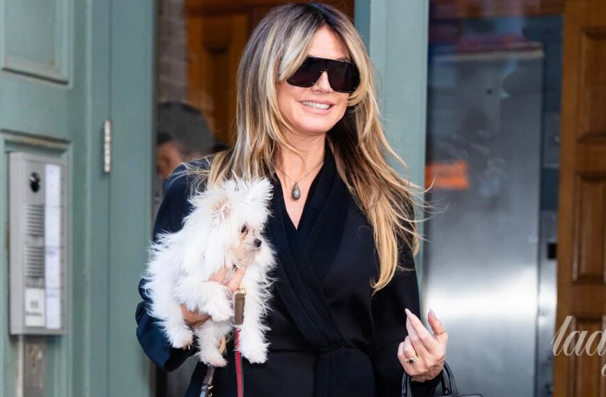 Гайді Клум у короткій чорній сукні та з песиком на руках походеньками Нью-Йорком