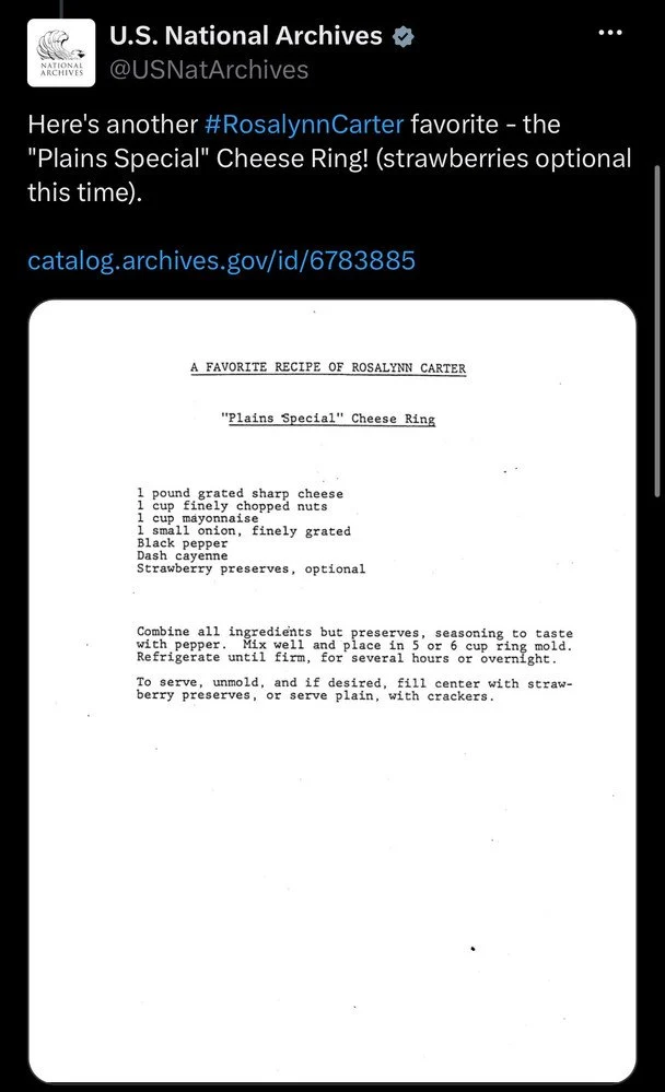 рецепт сирної закуски Розалін Картер x.com/USNatArchives